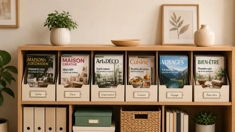 Magazines rangés dans un porte-revues en bois