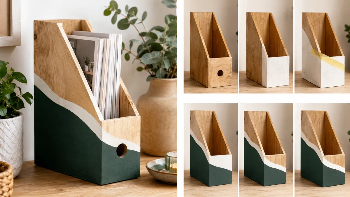 Relooker un porte-revues en bois avec peinture, pochoir et teinture